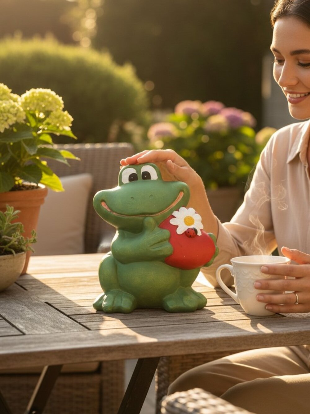 Green Frog Figurine Holding Red Heart With Daisy & Ladybug on Red Heart